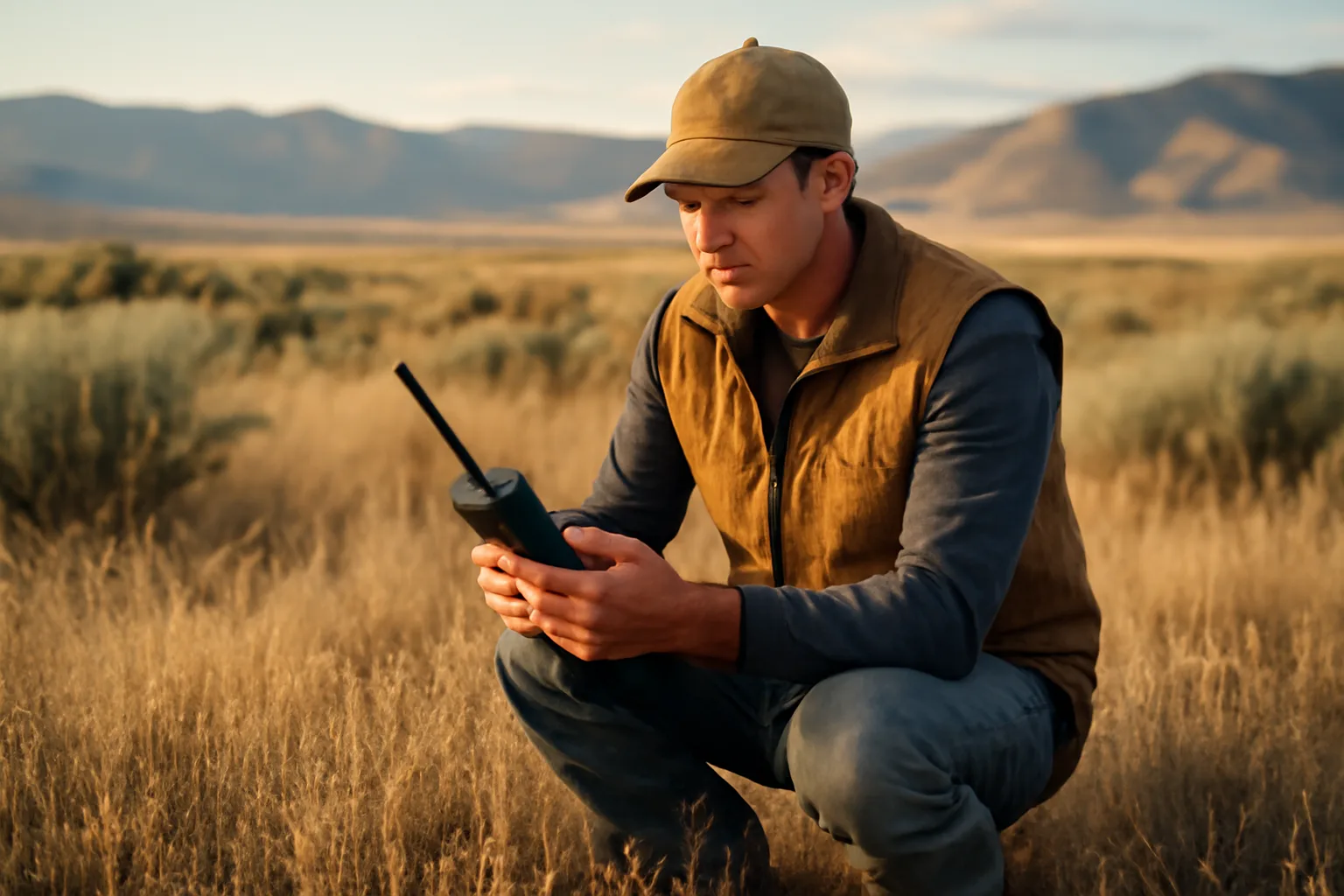 Utility locator kneeling with a receiver in cheatgrass near Boise