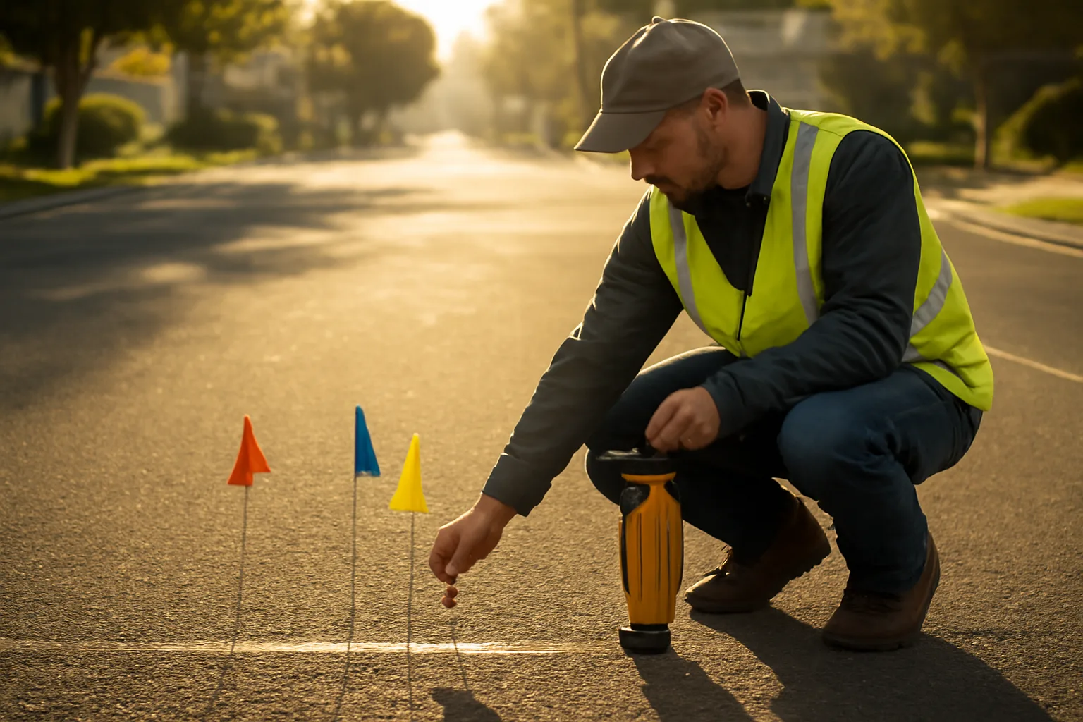 Utility locator placing marking flags on a street in Alabama at dawn