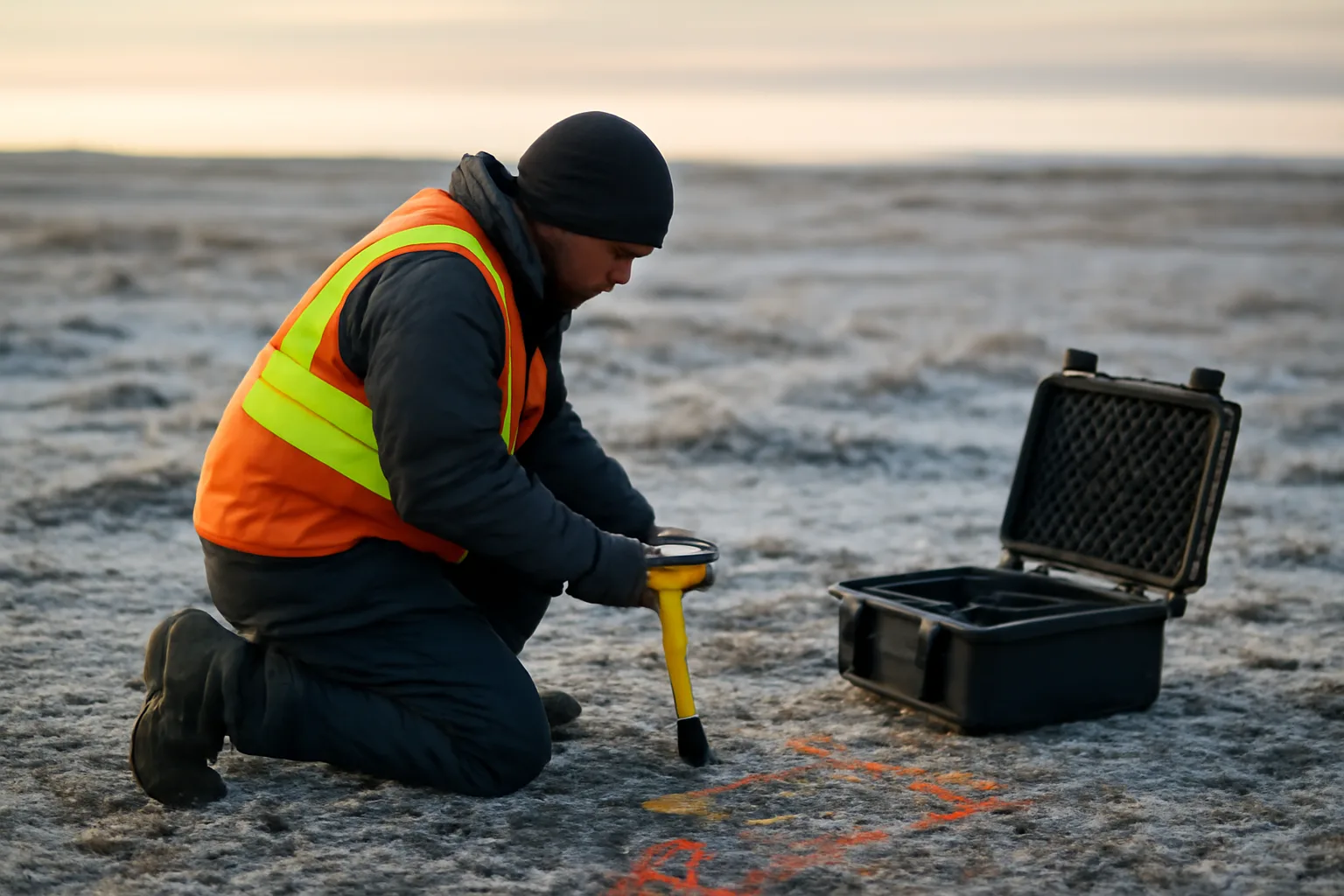 Utility locator marking underground lines on frozen Alaska ground in morning light