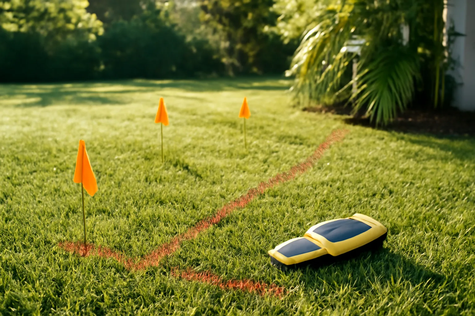 Sunlit Florida yard with orange locator flags and red paint marks, no text