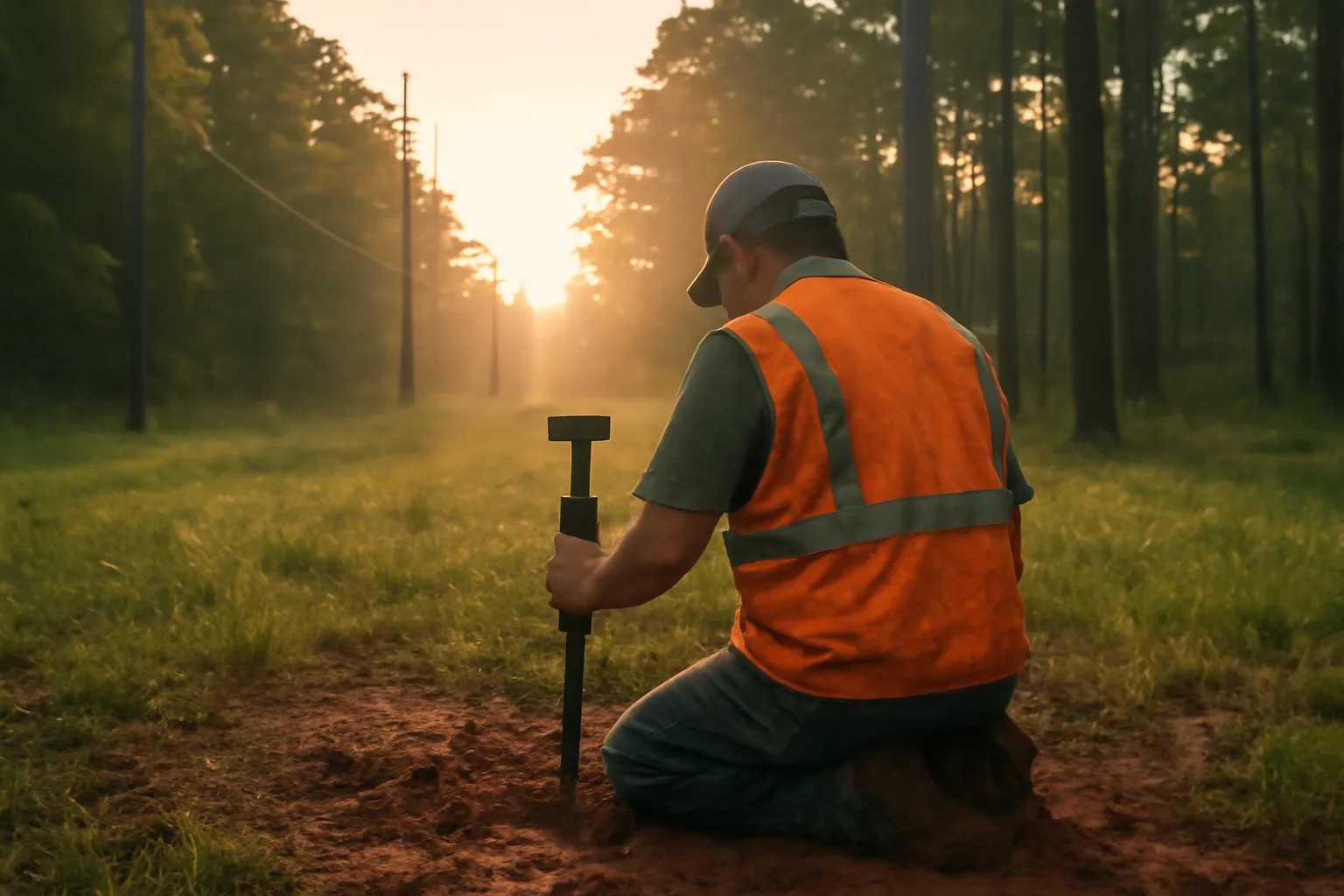 Utility locator kneeling in wet Georgia clay at dawn